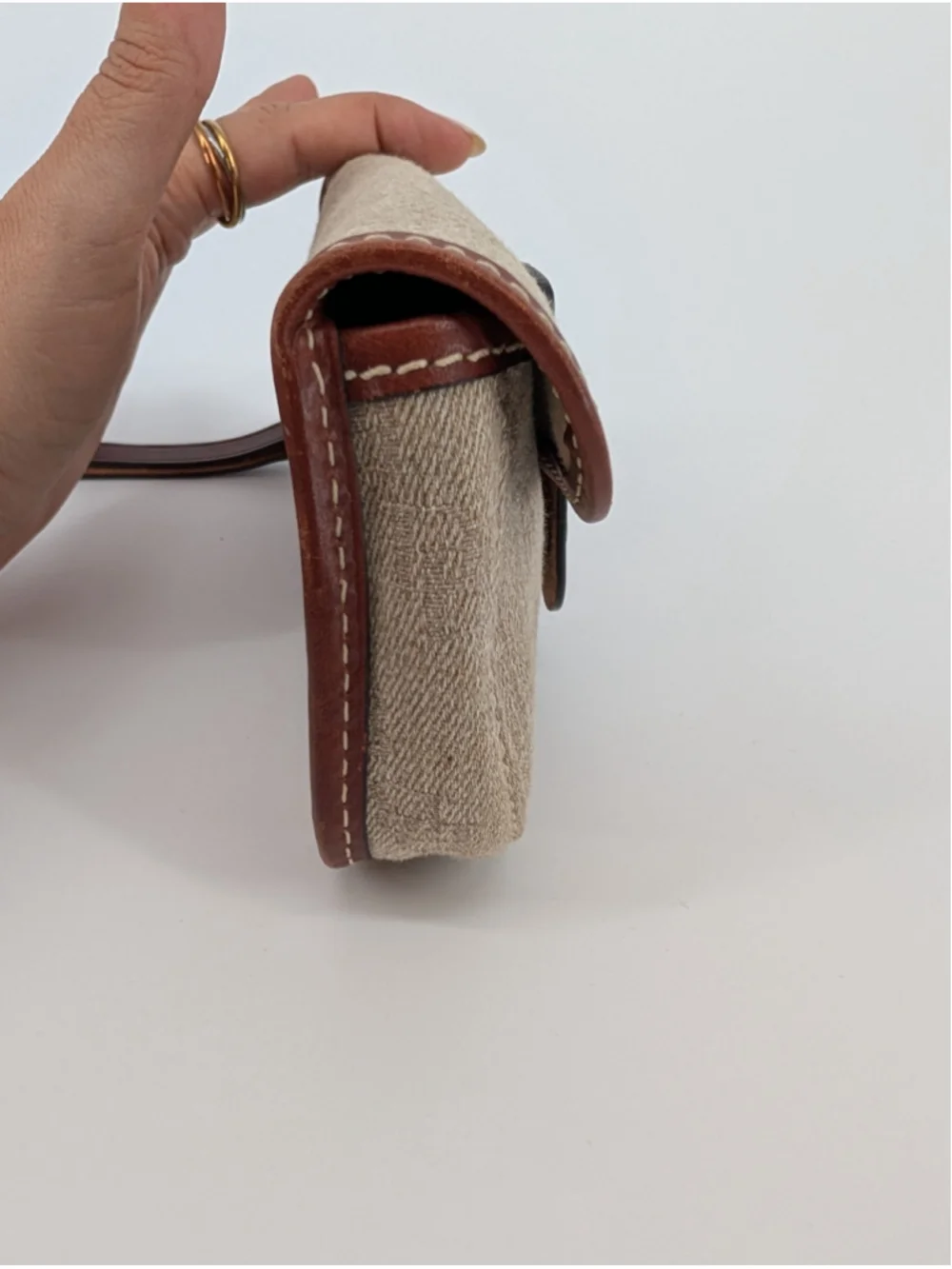 Dooney & Bourke Oncour Tweed Flap Wristlet Tan Brown Leather Trim